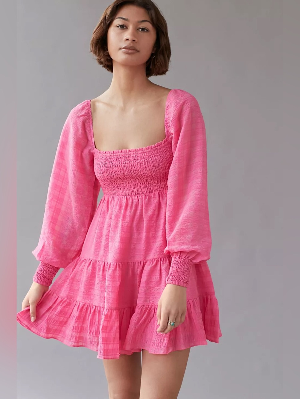 Urban Outfitters River Smock Long Sleeve‎ Tiered Mini Dress Pink Size Medium